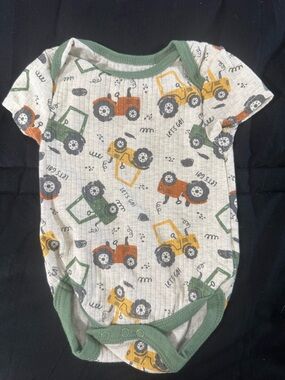 Baby Essentials Cream Ribbed Onesie with Green Trim and Tractors